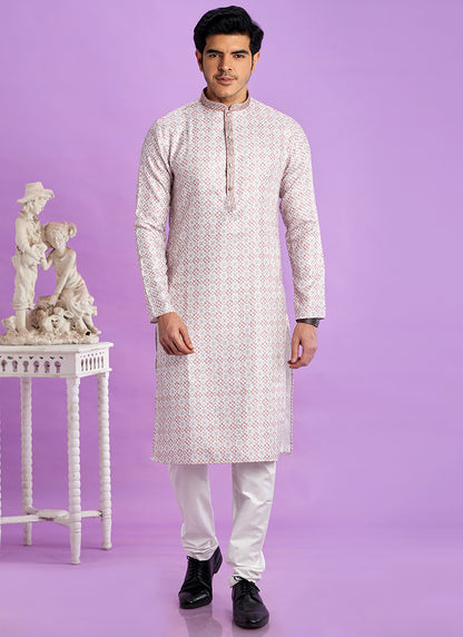 Off White Cotton Pintux Work Festival Wear Readymade Kurta Pajama SW696459