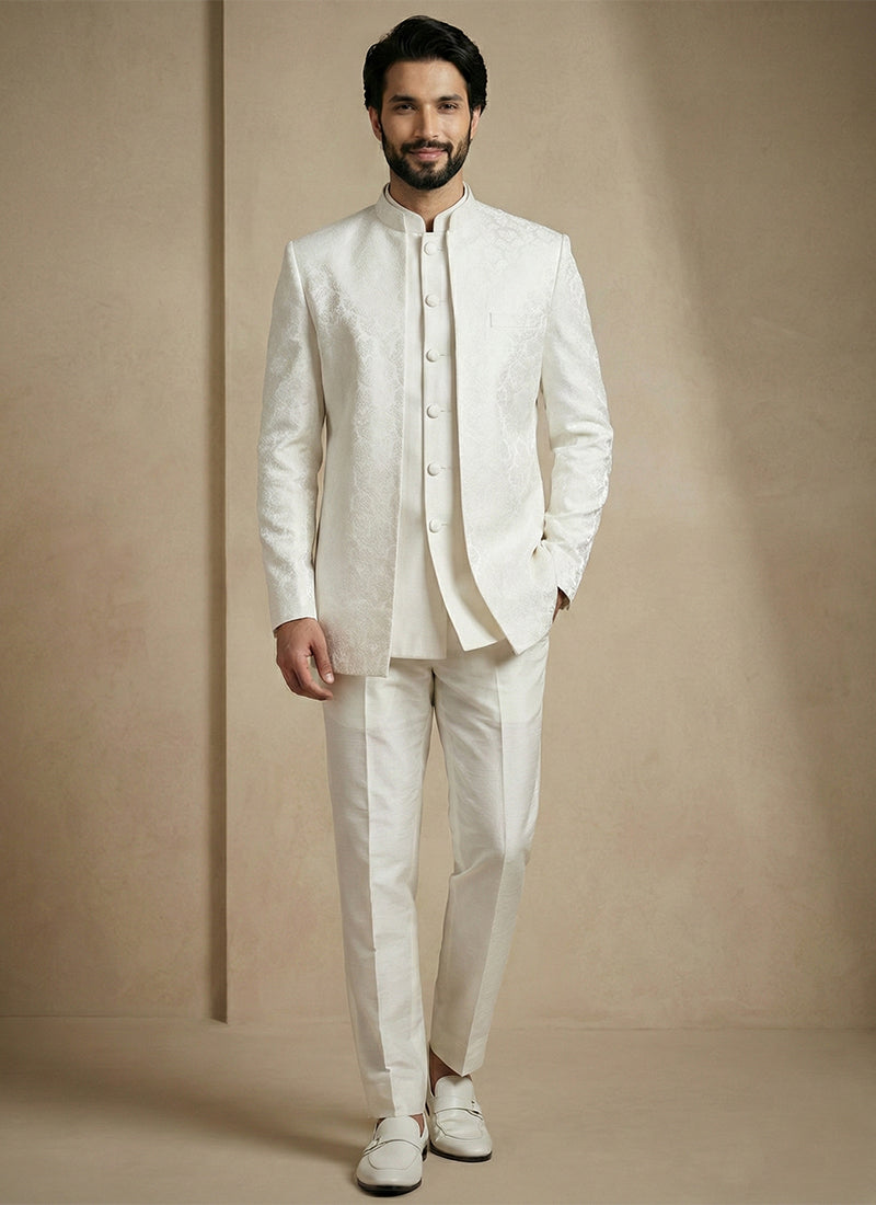 Off White Donier Satin Weaving Work Party Wear Readymade Indo Western Suit SW910078