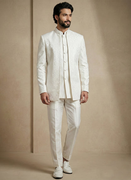 Off White Donier Satin Weaving Work Party Wear Readymade Indo Western Suit SW910078
