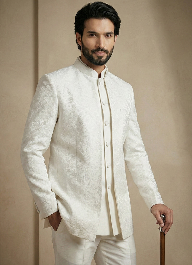 Off White Donier Satin Weaving Work Party Wear Readymade Indo Western Suit SW910078