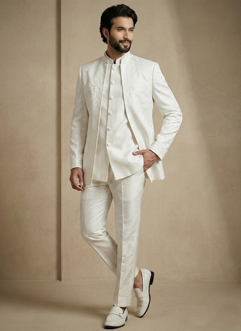 Off White Donier Satin Weaving Work Party Wear Readymade Indo Western Suit SW910078