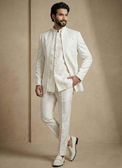 Off White Donier Satin Weaving Work Party Wear Readymade Indo Western Suit SW910078