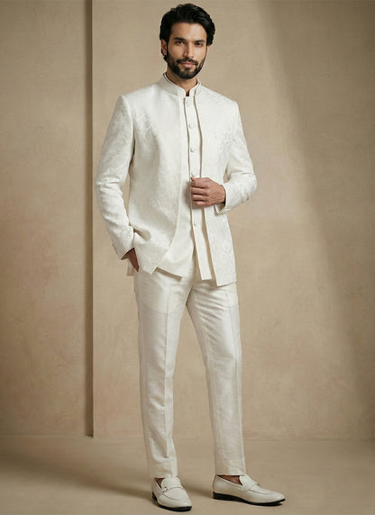 Off White Donier Satin Weaving Work Party Wear Readymade Indo Western Suit SW910078