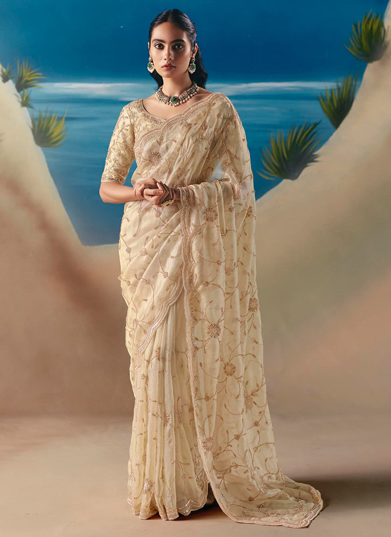 Fancy Off White Saree with Sequins Work for Wedding Wear 385418