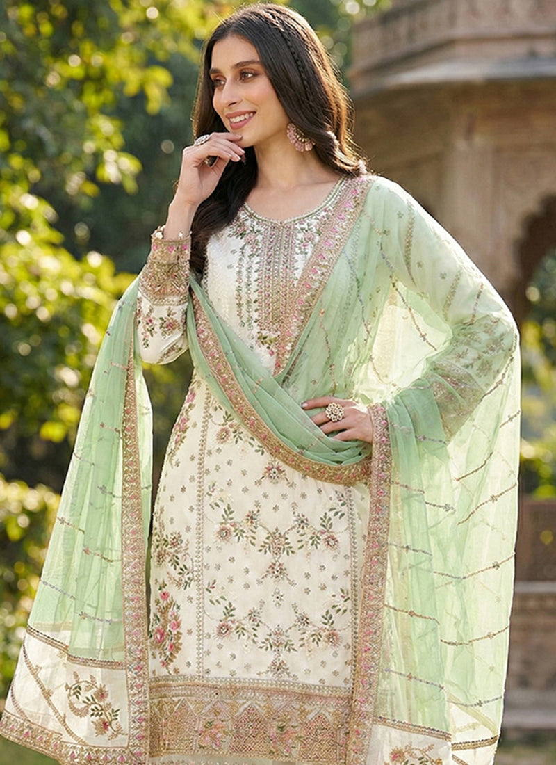 Off White Faux Georgette Embroidery Work Eid Wear Pakistani Suit SW800442