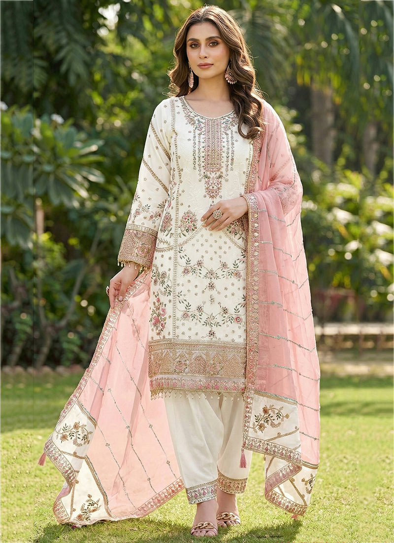 Off White Faux Georgette Embroidery Work Eid Wear Pakistani Suit SW314012
