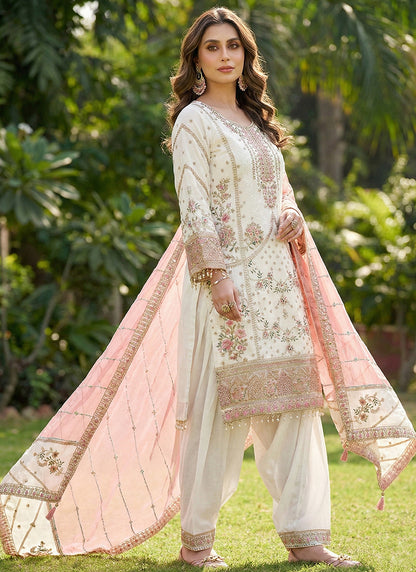 Off White Faux Georgette Embroidery Work Eid Wear Pakistani Suit SW314012
