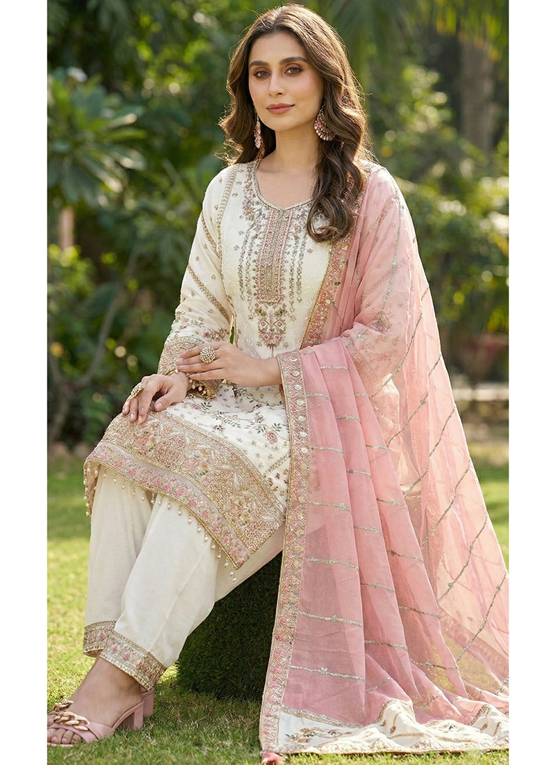 Off White Faux Georgette Embroidery Work Eid Wear Pakistani Suit SW314012