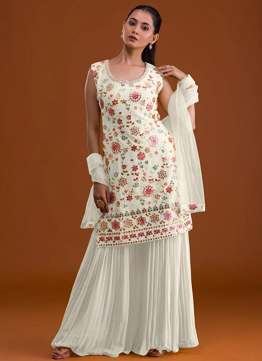 Faux Georgette Off White Festival Wear Thread Embroidery Work Sharara Suit 382773