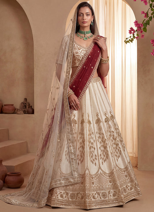 Off White Gadhwal Premium Silk Embroidery Work Wedding Wear Lehenga Choli SW653769