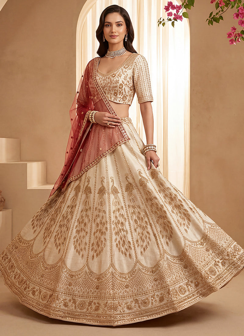 Off White Gadhwal Premium Silk Embroidery Work Wedding Wear Lehenga Choli SW653769