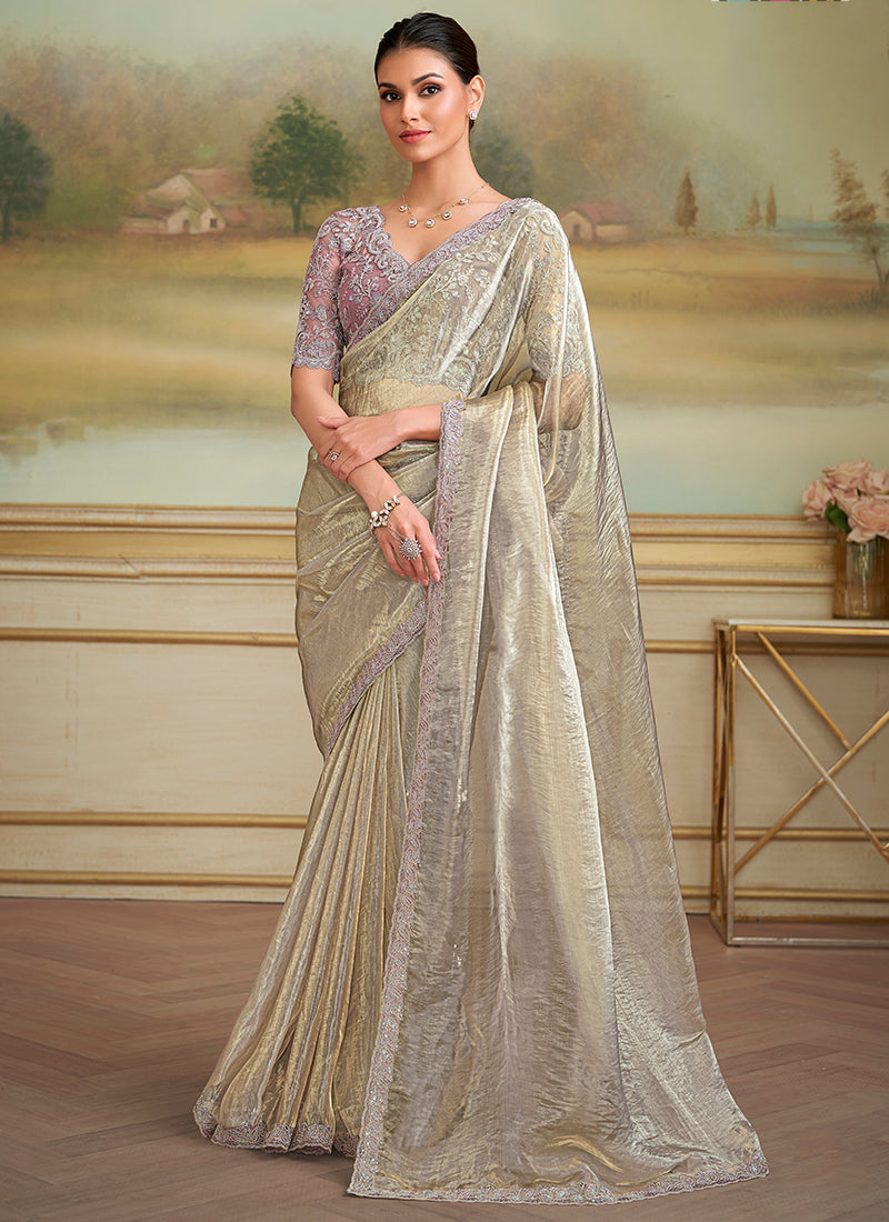 Georgette Off White Party Wear Embroidery Work Saree 386401