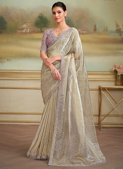 Georgette Off White Party Wear Embroidery Work Saree 386401
