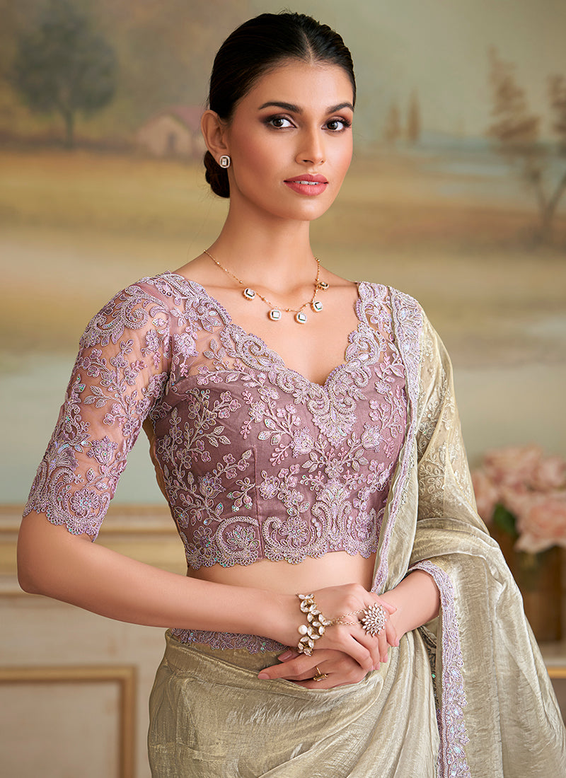 Georgette Off White Party Wear Embroidery Work Saree 386401