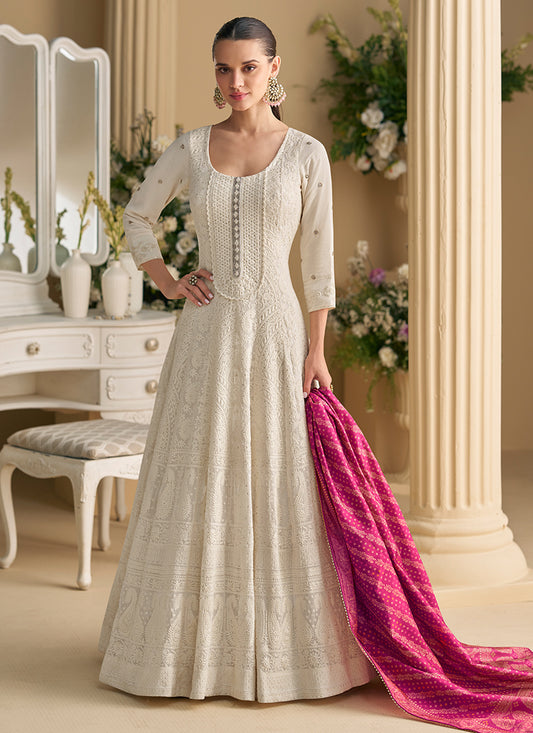 Off White Georgette Embroidery Work Wedding Wear Readymade Anarkali Suit SW711742