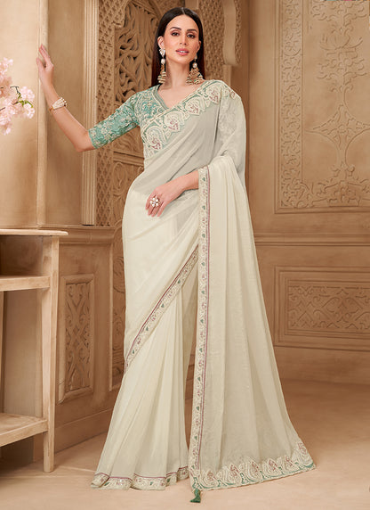 Georgette Off White Party Wear Embroidery Work Saree 385719