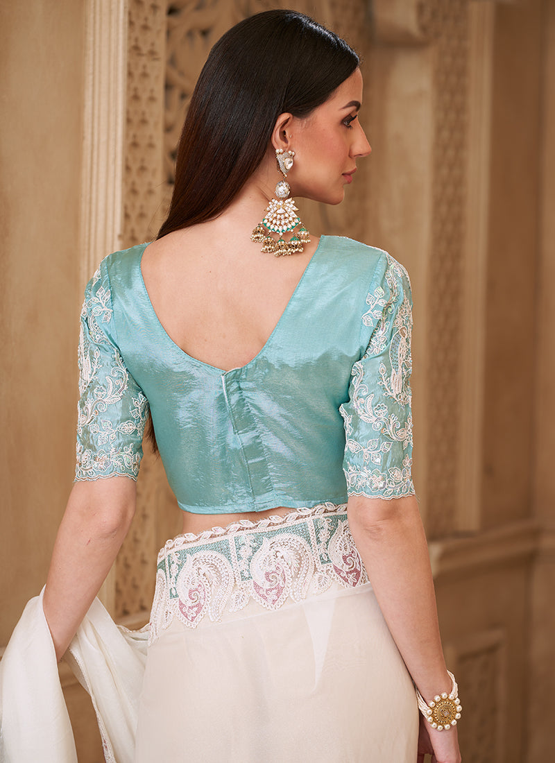 Georgette Off White Party Wear Embroidery Work Saree 385719