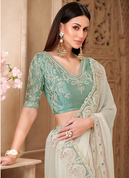 Georgette Off White Party Wear Embroidery Work Saree 385719