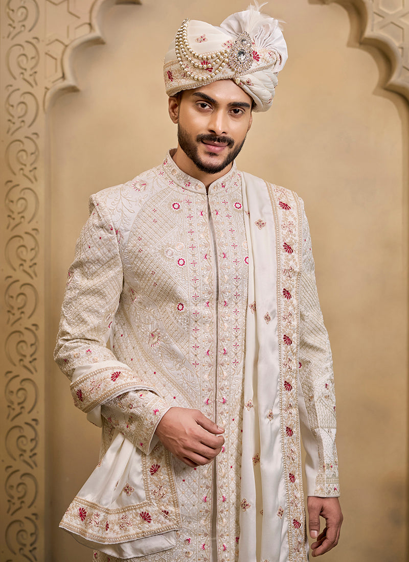 Off White Heavy Silk Heavy Embroidery Work Groom Wear Readymade Groom Sherwani SW496737