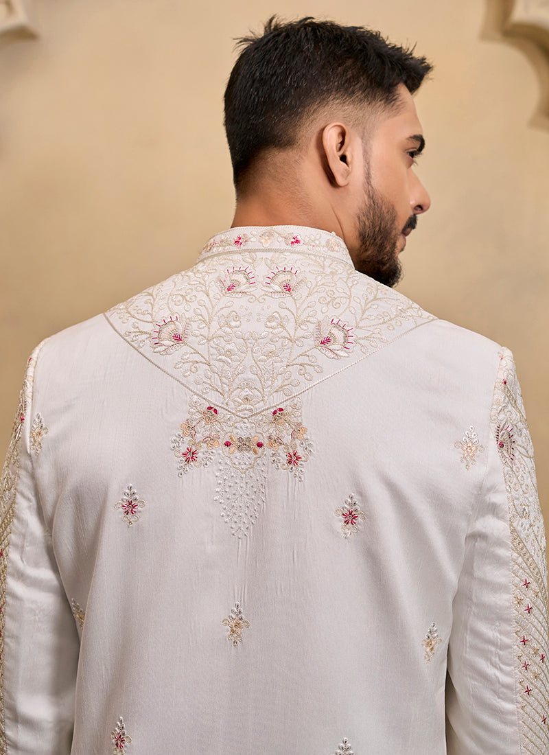 Off White Heavy Silk Heavy Embroidery Work Groom Wear Readymade Groom Sherwani SW496737