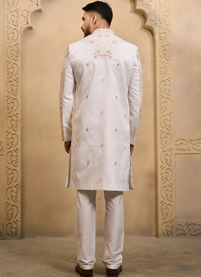 Off White Heavy Silk Heavy Embroidery Work Groom Wear Readymade Groom Sherwani SW496737