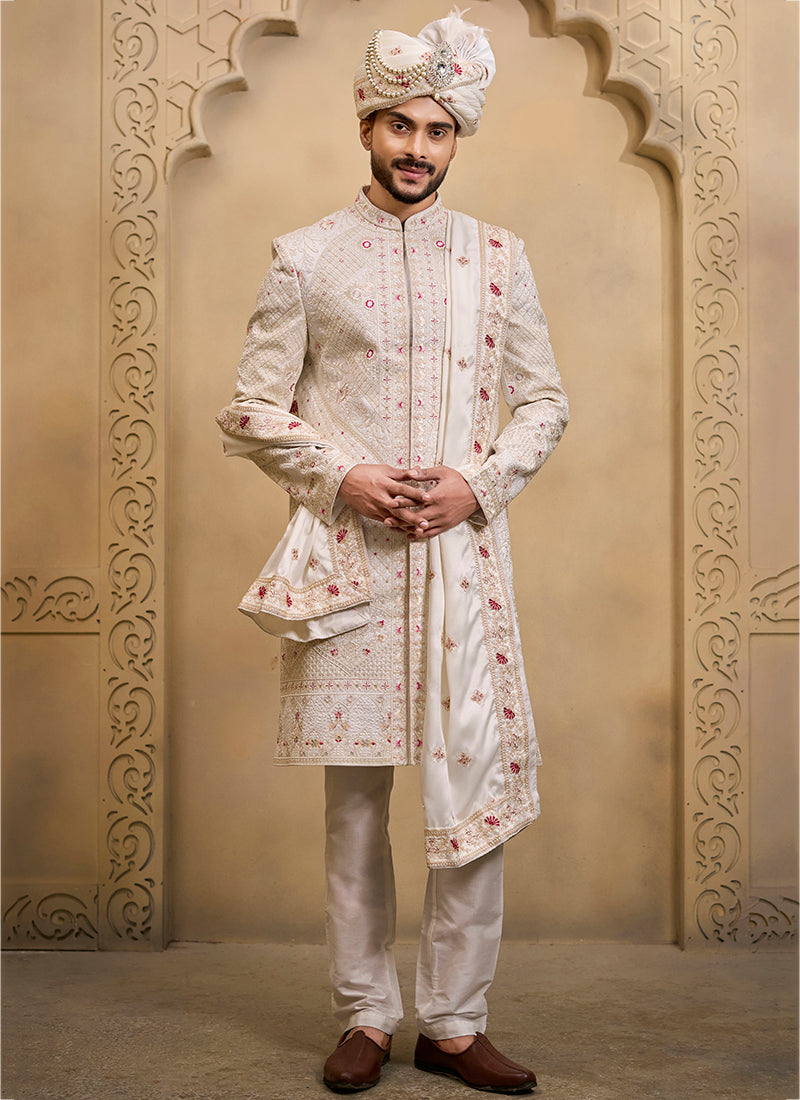 Off White Heavy Silk Heavy Embroidery Work Groom Wear Readymade Groom Sherwani SW496737