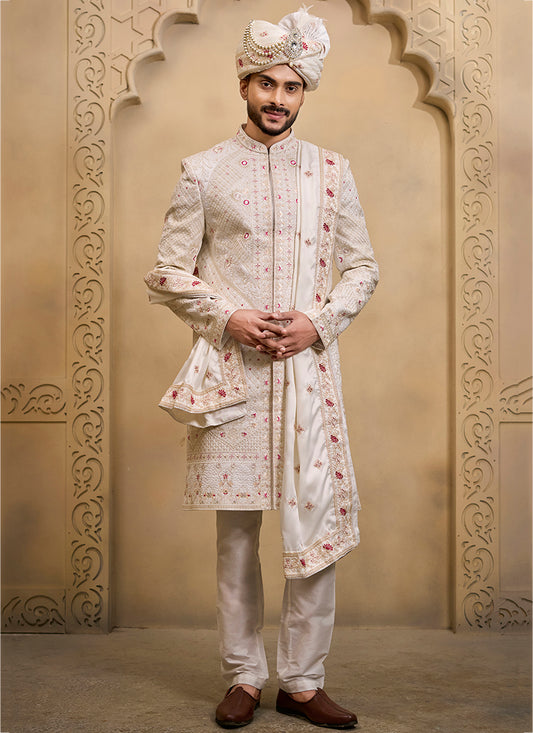 Off White Heavy Silk Heavy Embroidery Work Groom Wear Readymade Groom Sherwani SW496737