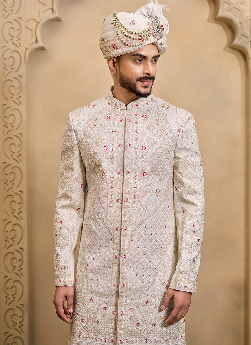 Off White Heavy Silk Heavy Embroidery Work Groom Wear Readymade Groom Sherwani SW496737