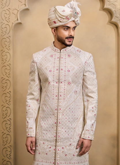 Off White Heavy Silk Heavy Embroidery Work Groom Wear Readymade Groom Sherwani SW496737