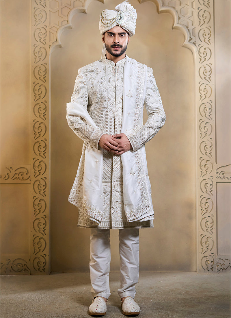 Off White Heavy Silk Heavy Embroidery Work Groom Wear Readymade Groom Sherwani SW682122