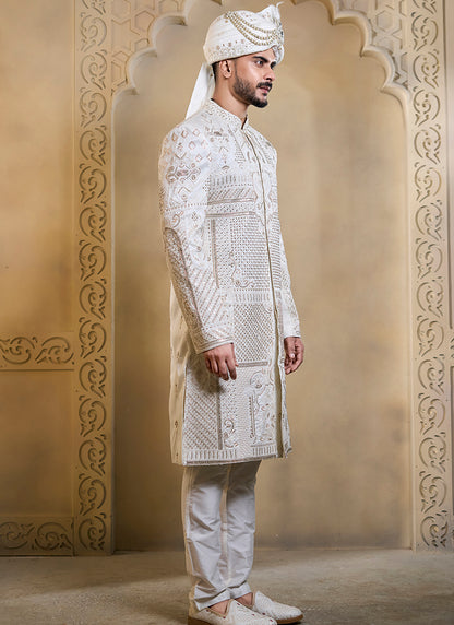 Off White Heavy Silk Heavy Embroidery Work Groom Wear Readymade Groom Sherwani SW682122
