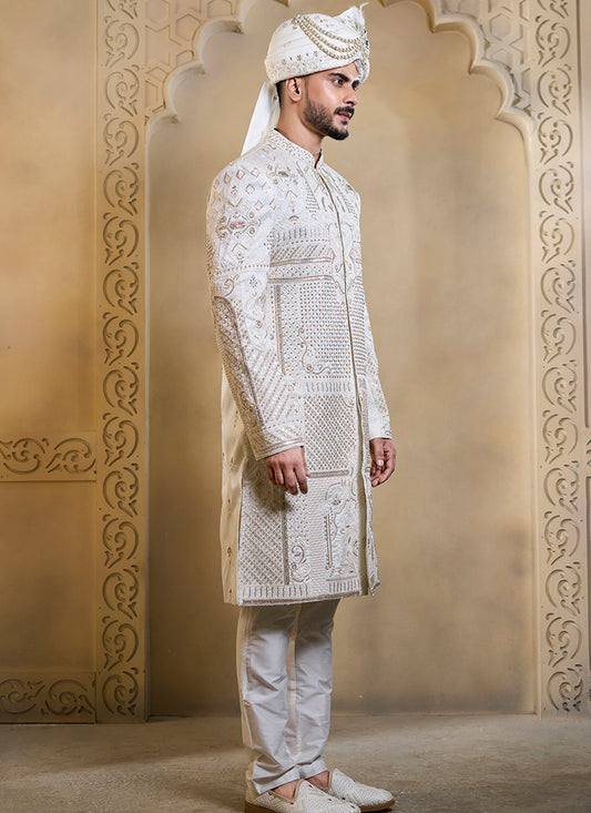 Off White Heavy Silk Heavy Embroidery Work Groom Wear Readymade Groom Sherwani SW682122