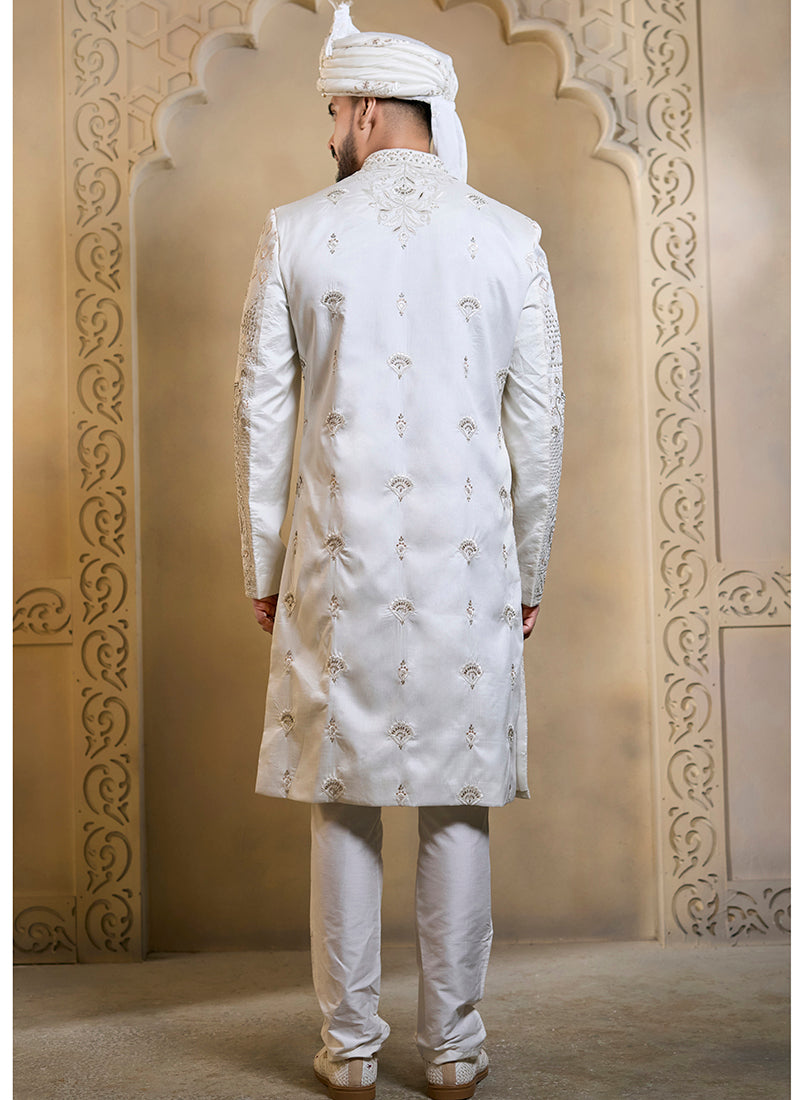 Off White Heavy Silk Heavy Embroidery Work Groom Wear Readymade Groom Sherwani SW682122