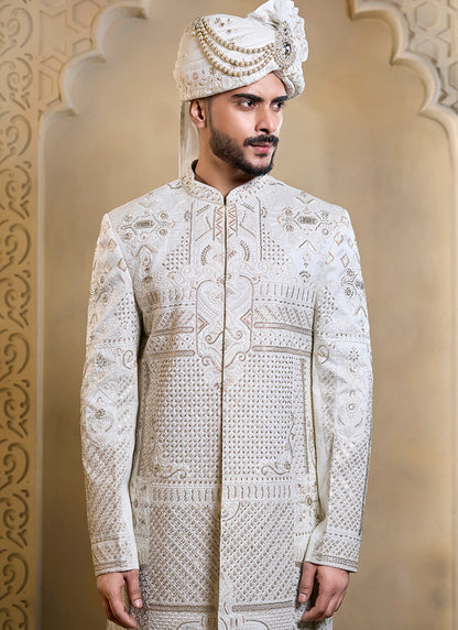 Off White Heavy Silk Heavy Embroidery Work Groom Wear Readymade Groom Sherwani SW682122