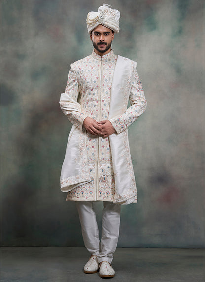 Off White Heavy Silk Heavy Embroidery Work Groom Wear Readymade Groom Sherwani SW178791