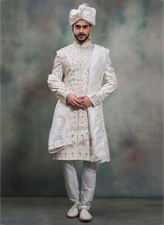 Off White Heavy Silk Heavy Embroidery Work Groom Wear Readymade Groom Sherwani SW178791