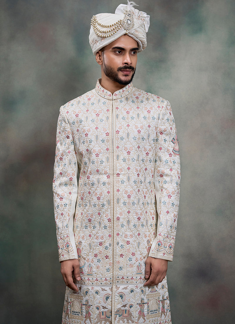 Off White Heavy Silk Heavy Embroidery Work Groom Wear Readymade Groom Sherwani SW178791