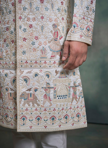 Off White Heavy Silk Heavy Embroidery Work Groom Wear Readymade Groom Sherwani SW178791