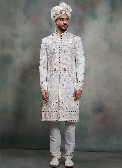 Off White Heavy Silk Heavy Embroidery Work Groom Wear Readymade Groom Sherwani SW407770