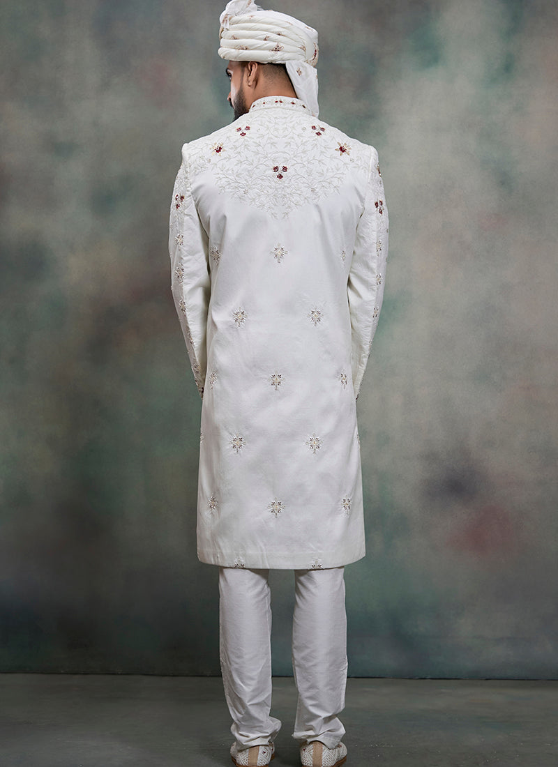 Off White Heavy Silk Heavy Embroidery Work Groom Wear Readymade Groom Sherwani SW407770