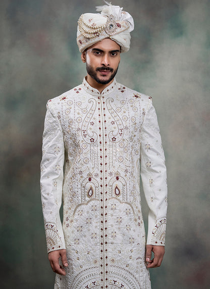 Off White Heavy Silk Heavy Embroidery Work Groom Wear Readymade Groom Sherwani SW407770