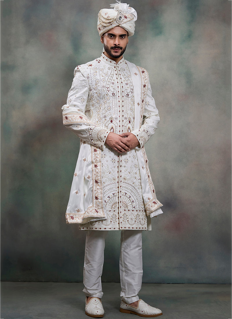 Off White Heavy Silk Heavy Embroidery Work Groom Wear Readymade Groom Sherwani SW407770