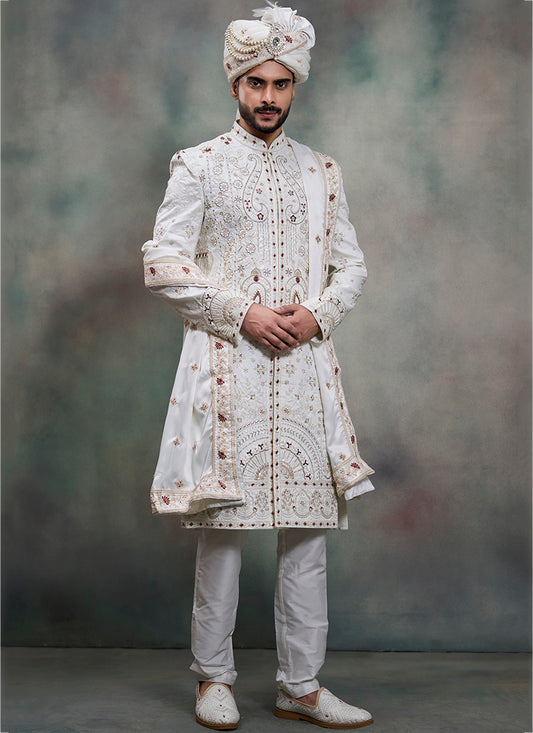 Off White Heavy Silk Heavy Embroidery Work Groom Wear Readymade Groom Sherwani SW407770