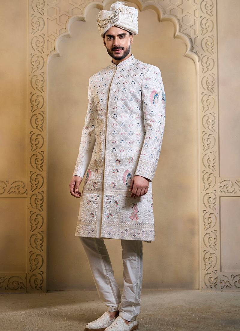 Off White Heavy Silk Heavy Embroidery Work Groom Wear Readymade Groom Sherwani SW496503