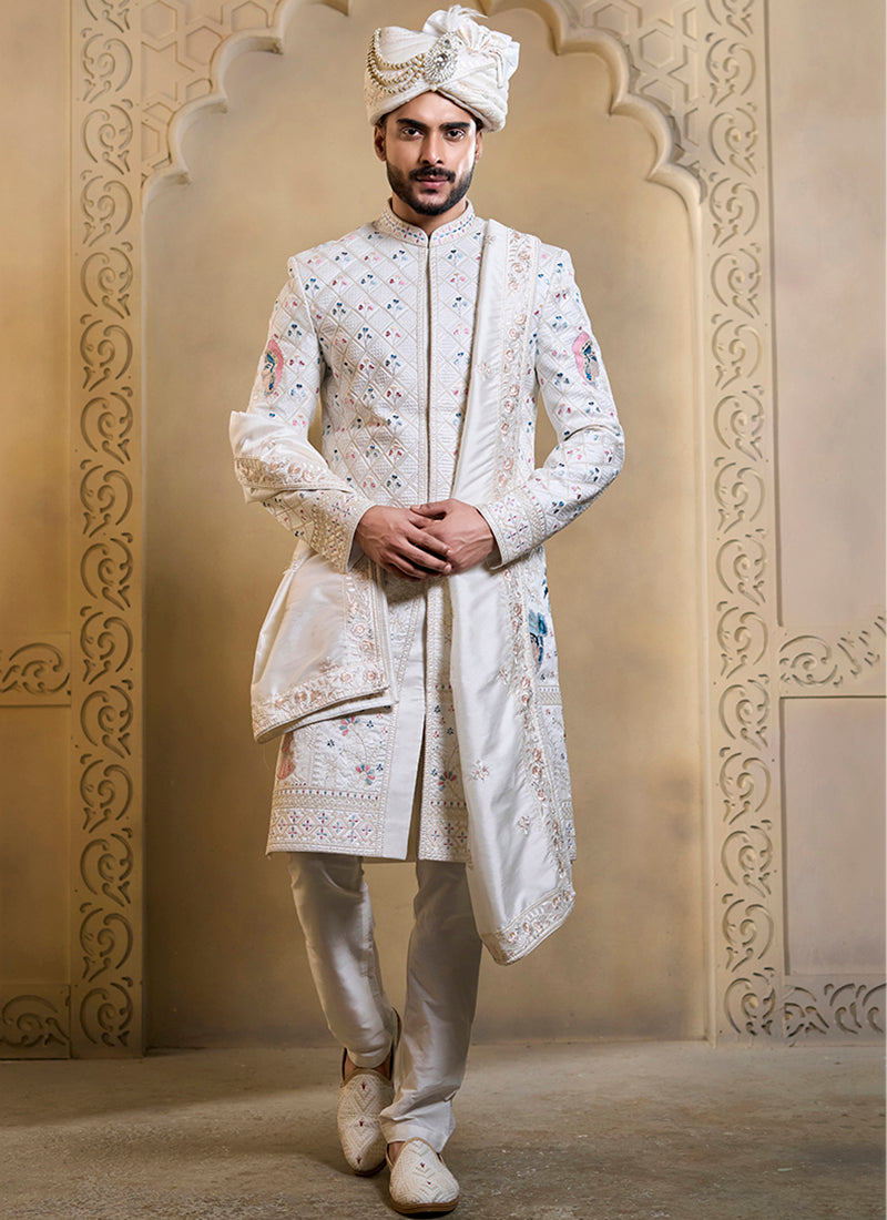 Off White Heavy Silk Heavy Embroidery Work Groom Wear Readymade Groom Sherwani SW496503