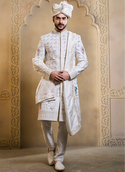 Off White Heavy Silk Heavy Embroidery Work Groom Wear Readymade Groom Sherwani SW496503