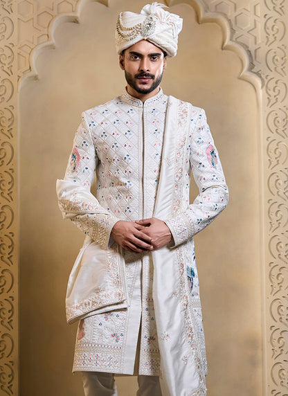 Off White Heavy Silk Heavy Embroidery Work Groom Wear Readymade Groom Sherwani SW496503