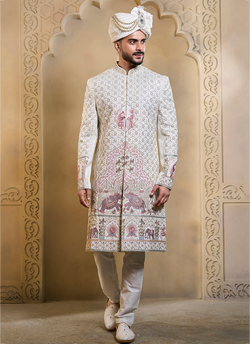 Off White Heavy Silk Heavy Embroidery Work Groom Wear Readymade Groom Sherwani SW428666