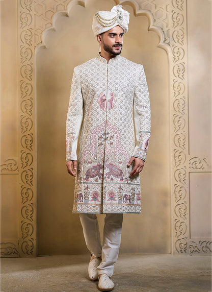 Off White Heavy Silk Heavy Embroidery Work Groom Wear Readymade Groom Sherwani SW428666