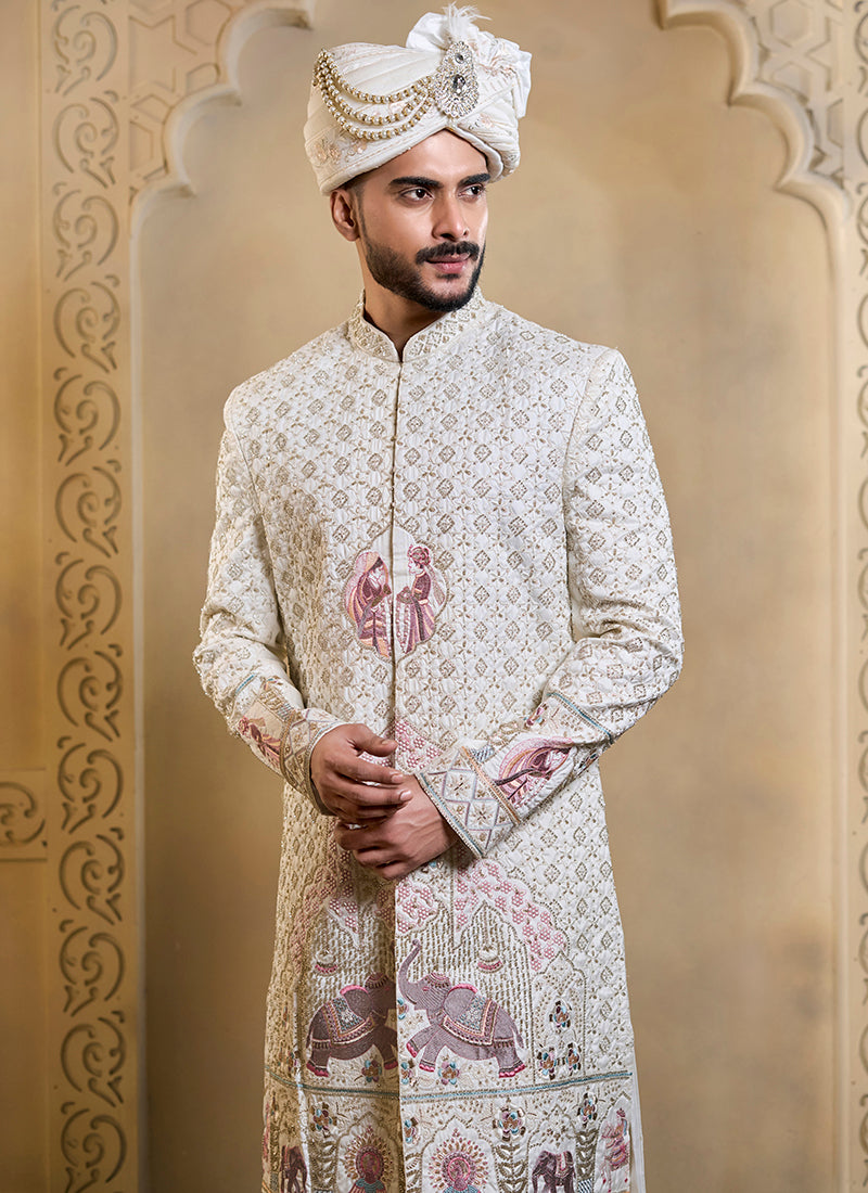 Off White Heavy Silk Heavy Embroidery Work Groom Wear Readymade Groom Sherwani SW428666